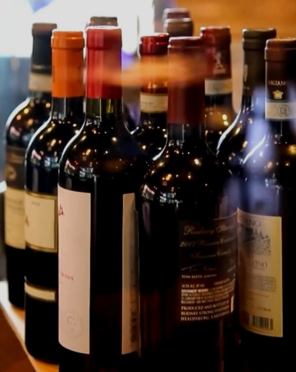 Bottles of red wine lined up on a table