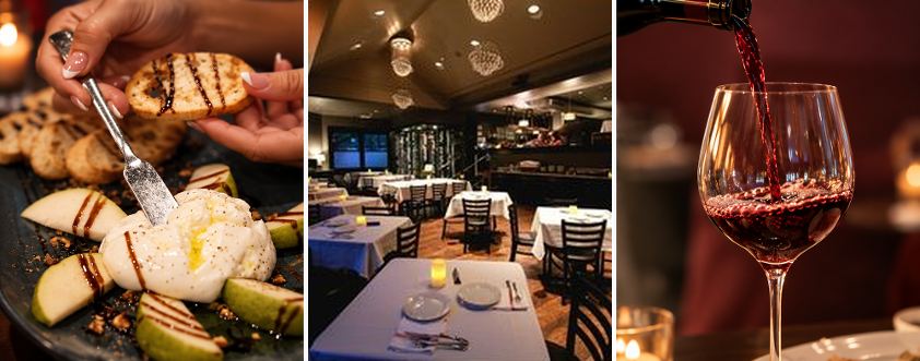 Burrata with pears, a candlelit restaurant dining room, and red wine being poured into a glass